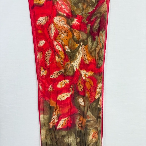 Vera Ibiza Silk Red Scarf With Gold and Green Leaves 52" Long - Picture 3 of 10
